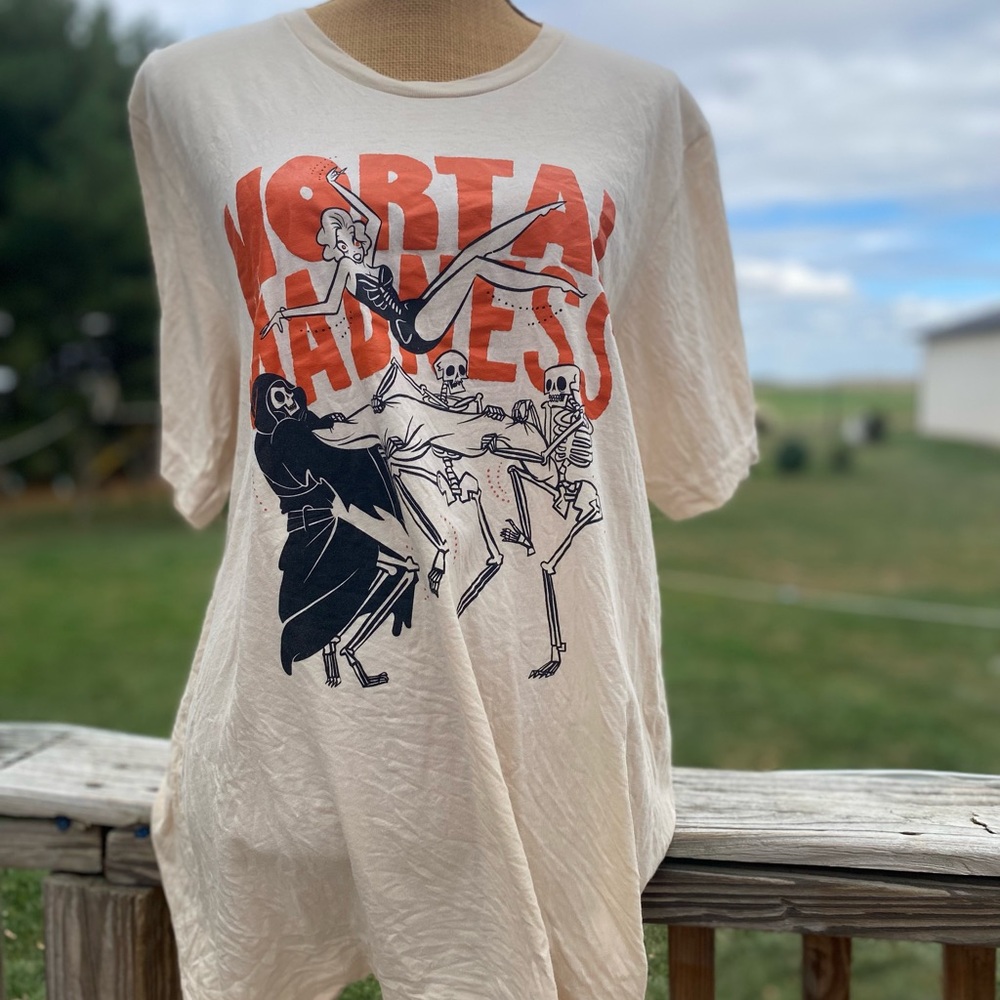 Mortal Madness Dancing Skeletons Girl graphic cream cotton tee Canvas XL
